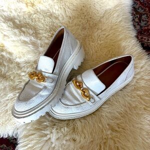 Tory Burch White and Gold Loafers